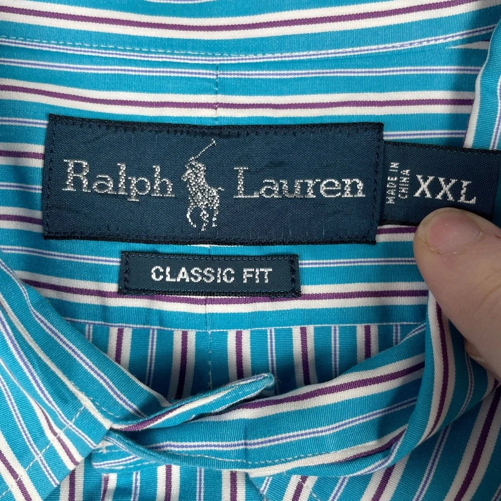 Ralph Lauren Shirt Mens XXL Teal Stripe Classic Fit Long Sleeve Preppy 90s